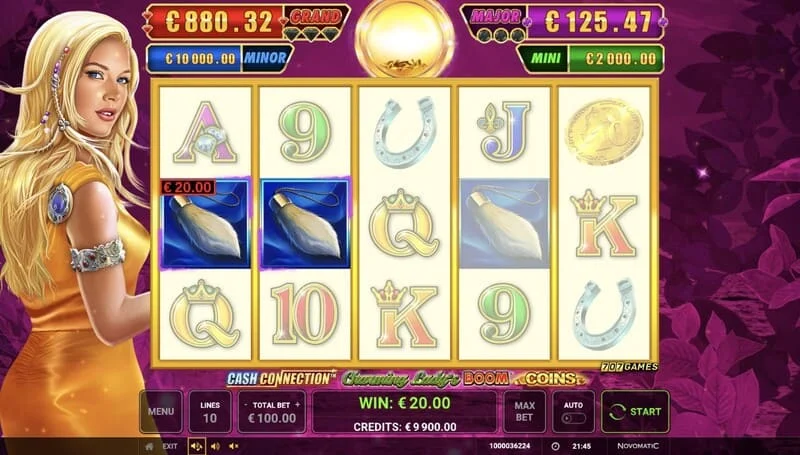 Cash Connection - Charming Lady's Boom Coins - grundlæggende skærm med linjegevinst
