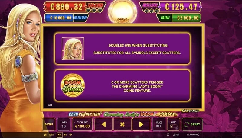 Cash Connection - Charming Lady's Boom Coins - start af Boom Coins runde på et 7x5-gitter