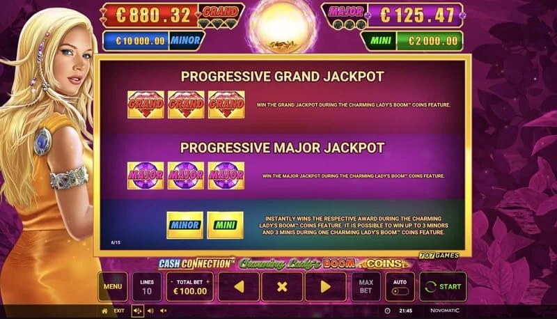 Cash Connection - Charming Lady's Boom Coins - Jackpot-tabel med Mini, Minor, Major og Grand